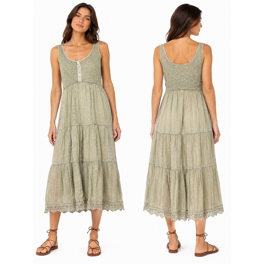 Unbranded Cotton Eyelet Tiered Midi Dress‎ Womens M Sage Green Boho Cottagecore